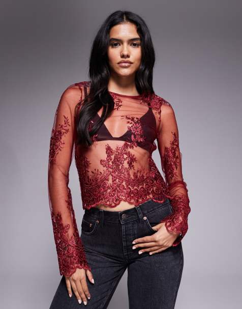 ASOS DESIGN embroidered long sleeve sheer scalloped hem top in burgundy - view 1
