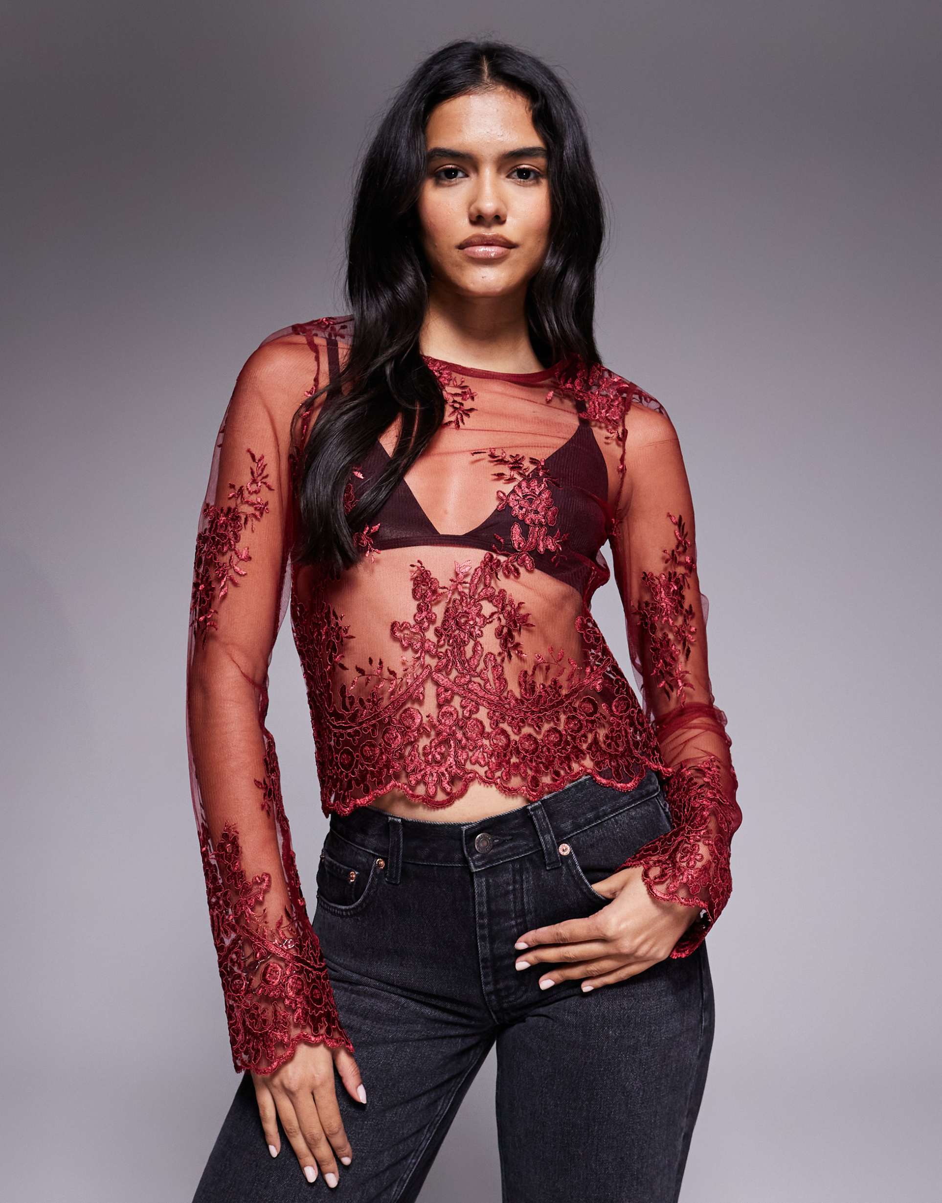 asos design embroidered long sleeve sheer scalloped hem top in burgundy