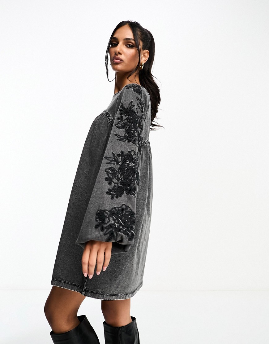 ASOS DESIGN embroidered long sleeve smock mini dress with washed grey