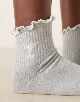 Asos Design Embroidered Martini Glitter Socks In White