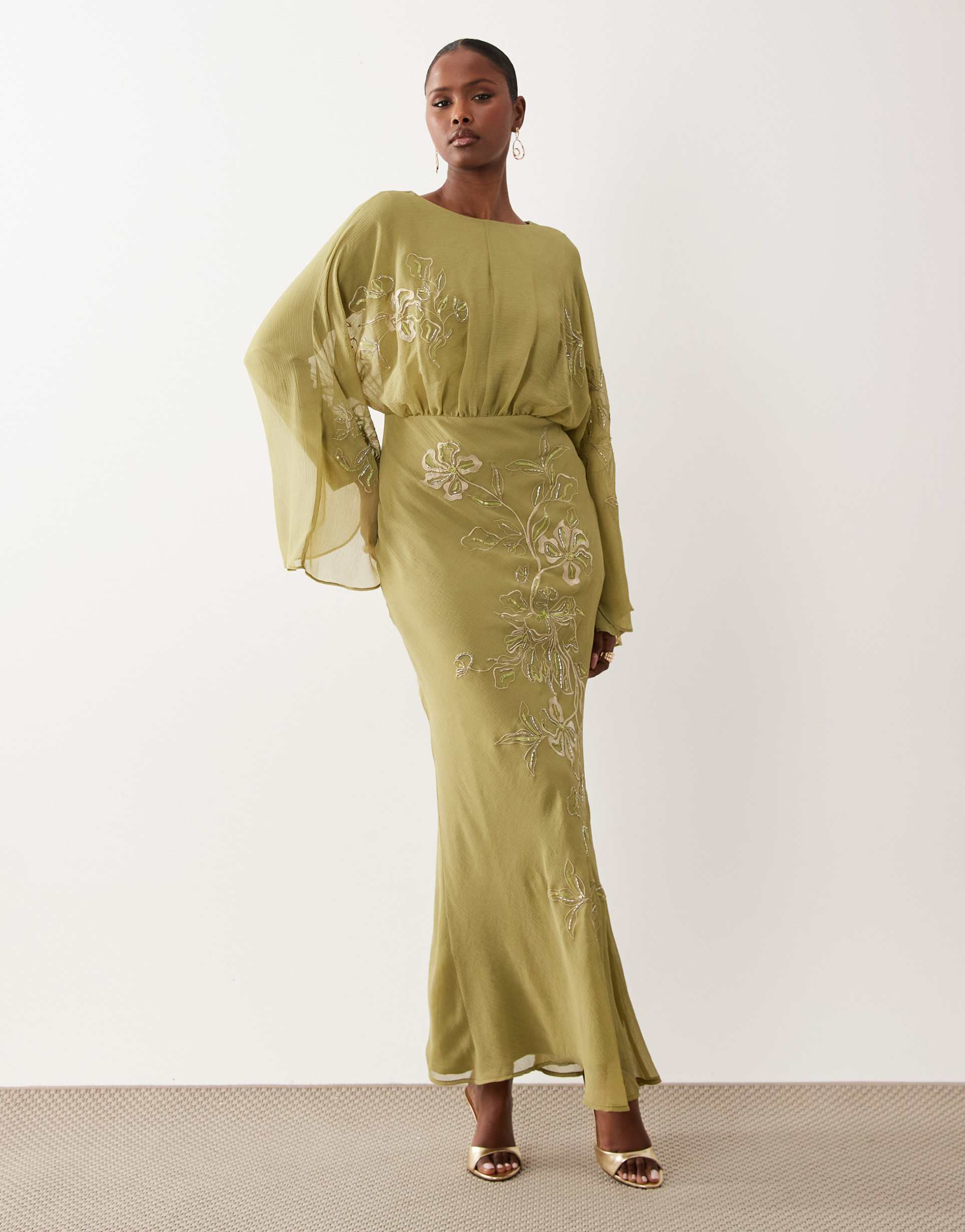 asos design embroidered maxi dress in green olive