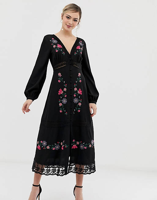 ASOS DESIGN embroidered maxi dress with lace inserts