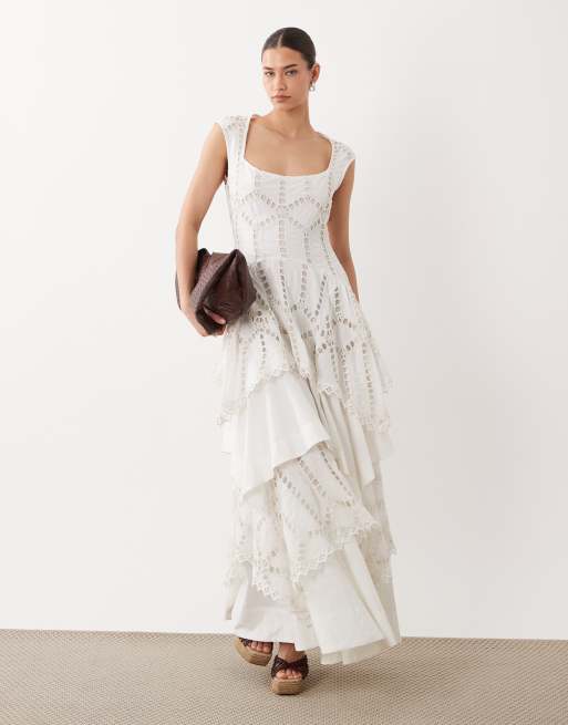 ASOS DESIGN embroidered maxi dress with layered skirt in white, 3 of 4