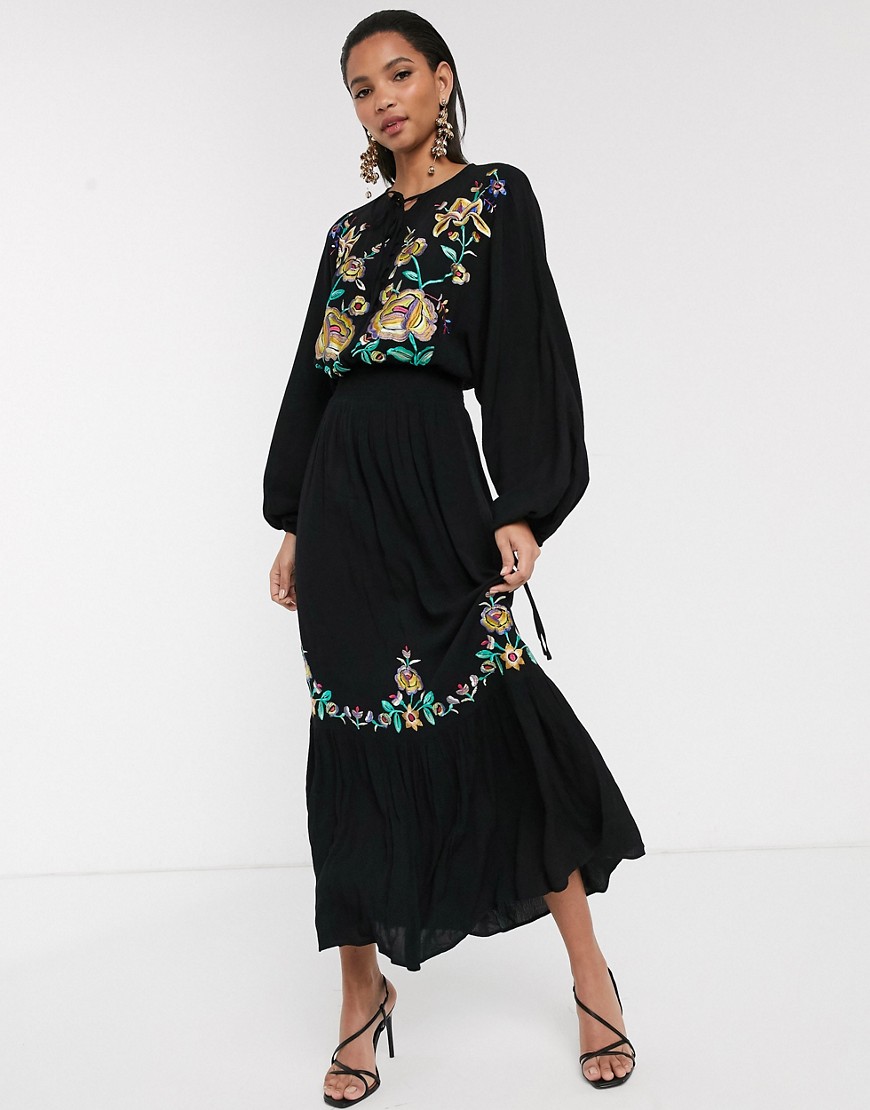 Asos Design Embroidered Maxi Dress With Shirred Waist In Black