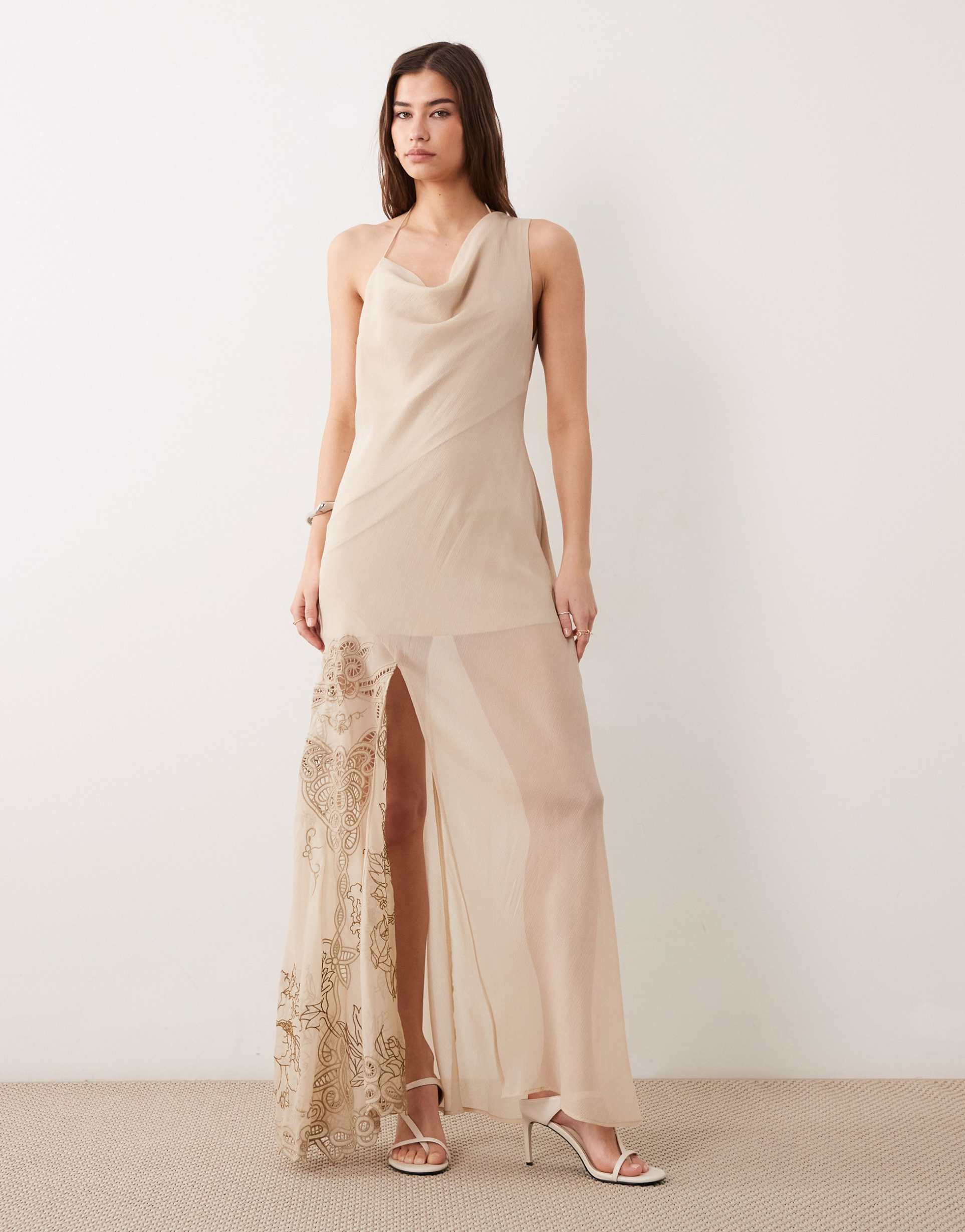 asos design embroidered maxi slip dress with asymmetric neckline in neutral