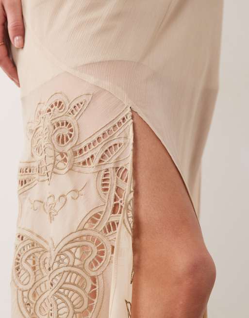 ASOS DESIGN embroidered maxi slip dress with asymmetric neckline in neutral, 3 of 4
