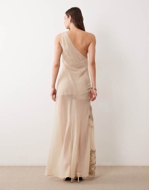 ASOS DESIGN embroidered maxi slip dress with asymmetric neckline in neutral, 4 of 4