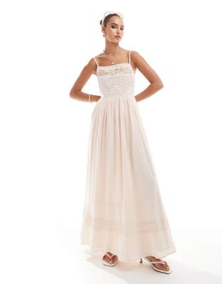 Asos Design Embroidered Maxi Strappy Dress With Lace Trims In Pink