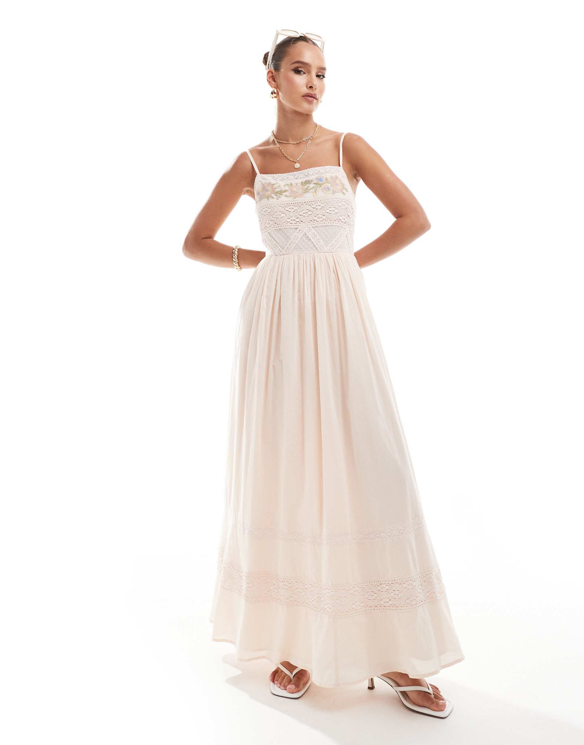 asos design embroidered maxi strappy dress with lace trims in antique rose