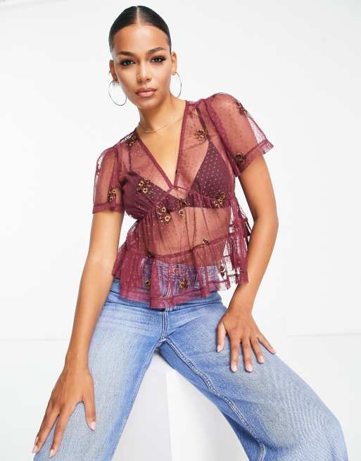 ASOS DESIGN embroidered mesh blouse with peplum hem in burgundy