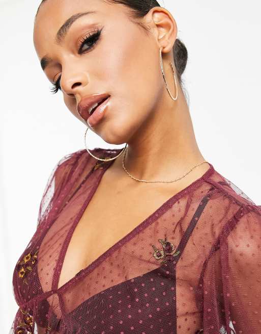 ASOS DESIGN embroidered mesh blouse with peplum hem in burgundy