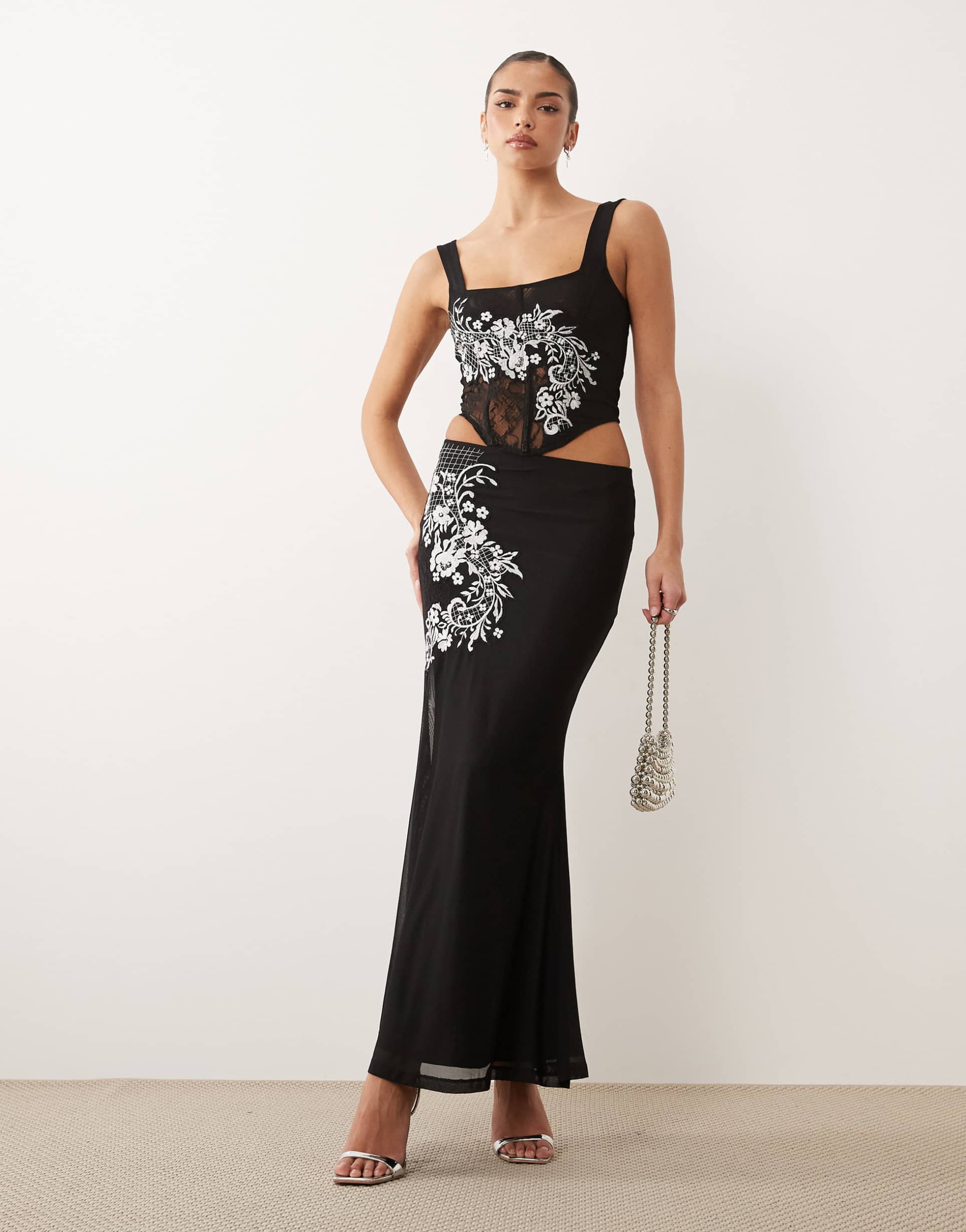 asos design embroidered mesh maxi skirt in black - part of a set