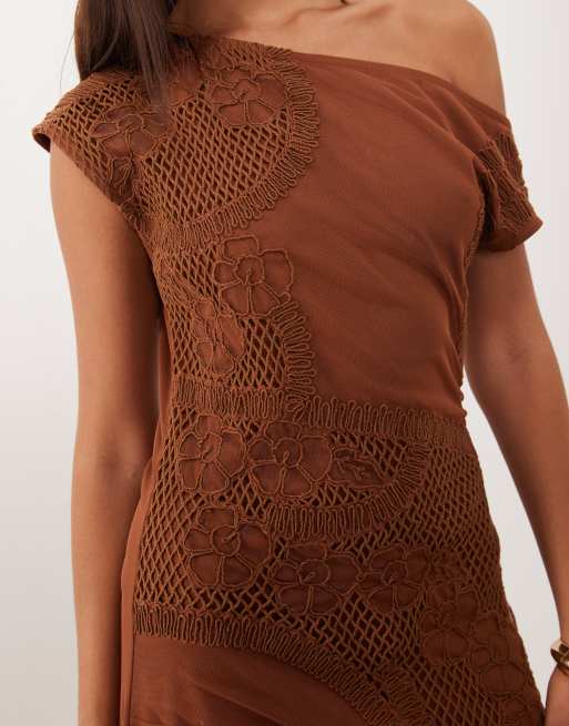 ASOS DESIGN embroidered mesh off shoulder maxi dress with sheer godet detailing in brown, 3 of 4