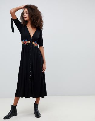 asos design embroidered midi button through tea dress