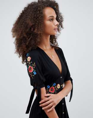 asos design embroidered midi button through tea dress