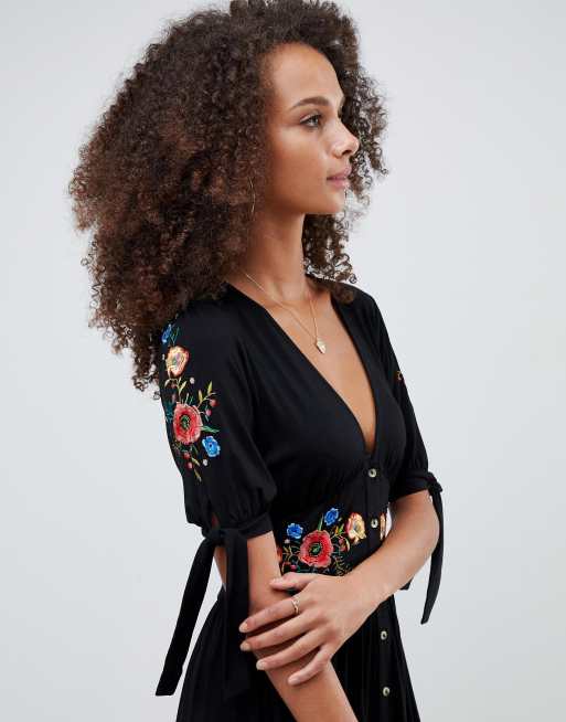 Asos design embroidered midi 2025 button through tea dress