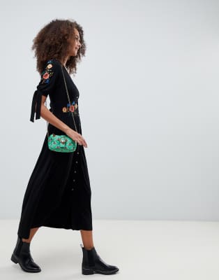 asos design embroidered midi button through tea dress