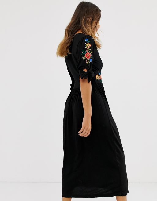 Asos design embroidered midi 2025 button through tea dress