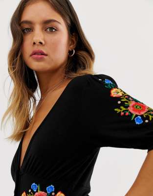 asos design embroidered midi button through tea dress