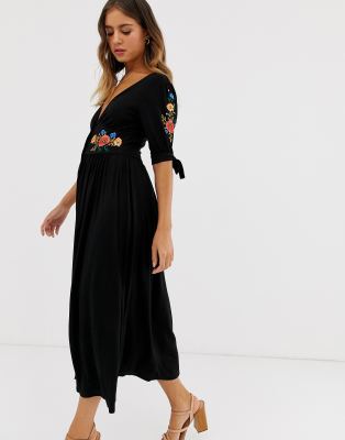 asos design embroidered midi button through tea dress