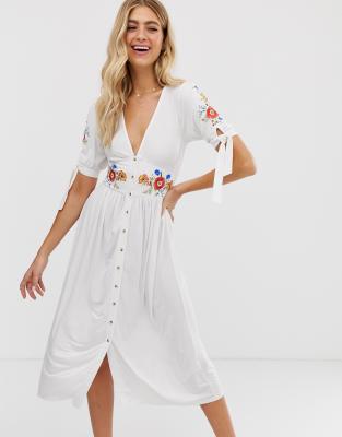 asos design embroidered midi button through tea dress