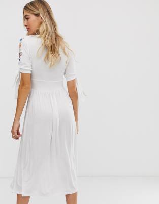 asos design embroidered midi button through tea dress