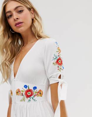 asos design embroidered midi button through tea dress