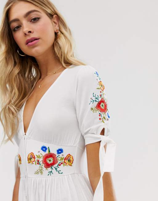 Asos design embroidered midi 2025 button through tea dress