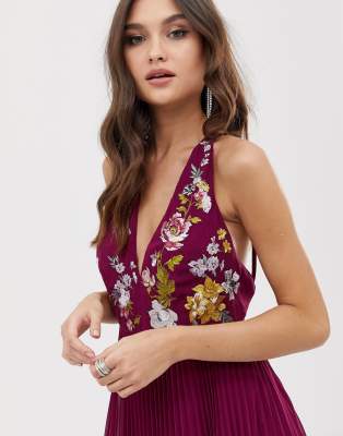 asos design embellished halter midi dress with floral embroidery