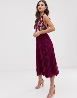 asos design pleated high neck midi dress with embroidery