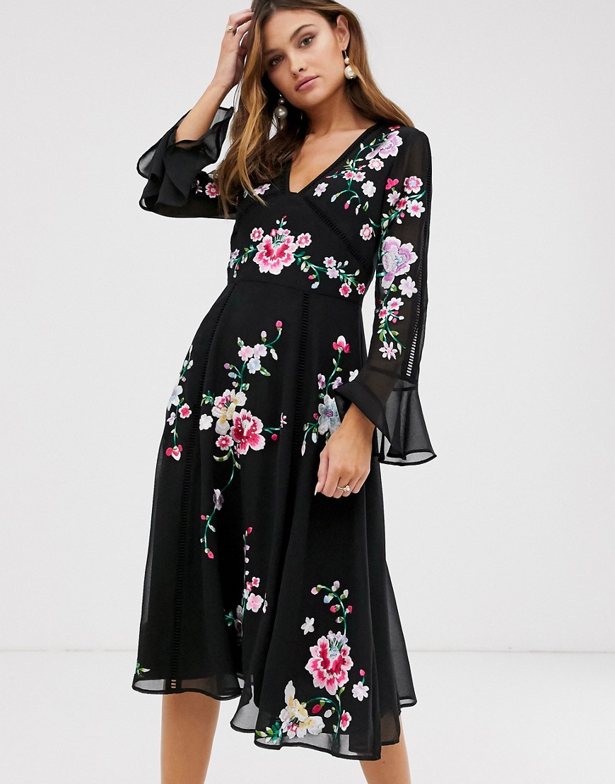 ASOS DESIGN embroidered midi dress with lace trims in black