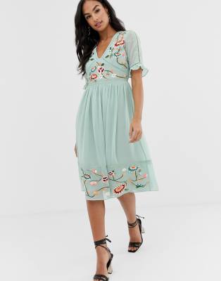 asos design embroidered midi dress with lace trims