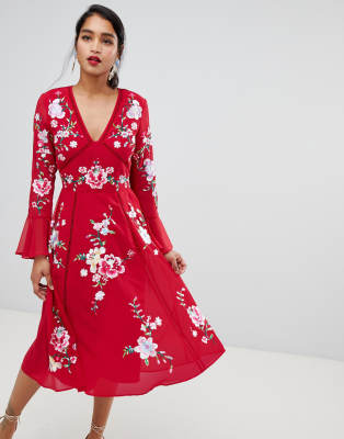 asos design embroidered midi dress with lace trims