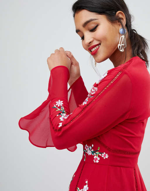 Asos red cheap embroidered dress