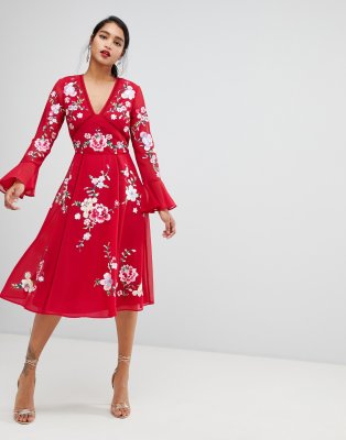 asos red embroidered dress