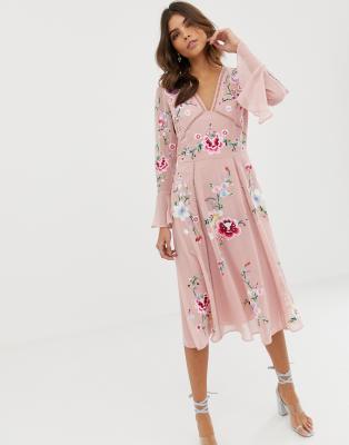 asos design long sleeve embroidered midi dress