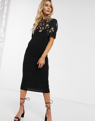 asos design embroidered midi dress