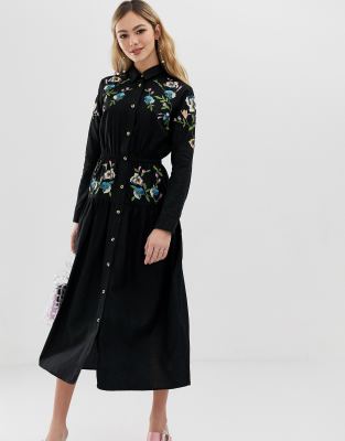 black embroidered shirt dress