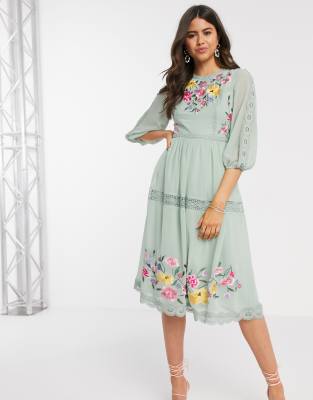 asos design embroidered midi dress with lace trims