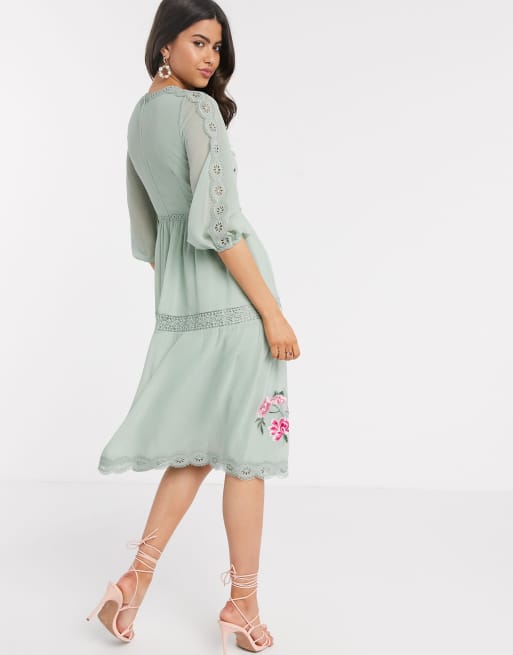 ASOS DESIGN embroidered midi skater dress with lace trims and puff sleeves in sage green