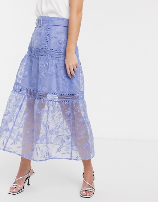 ASOS DESIGN embroidered midi skirt with belt detail in blue | ASOS