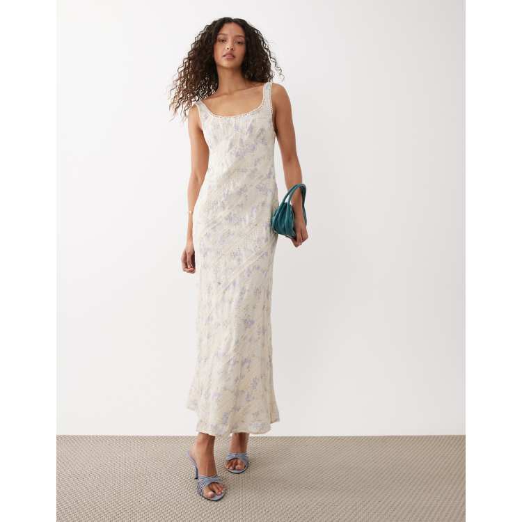 ASOS DESIGN embroidered midi slip dress in ecru with blue floral print |  ASOS