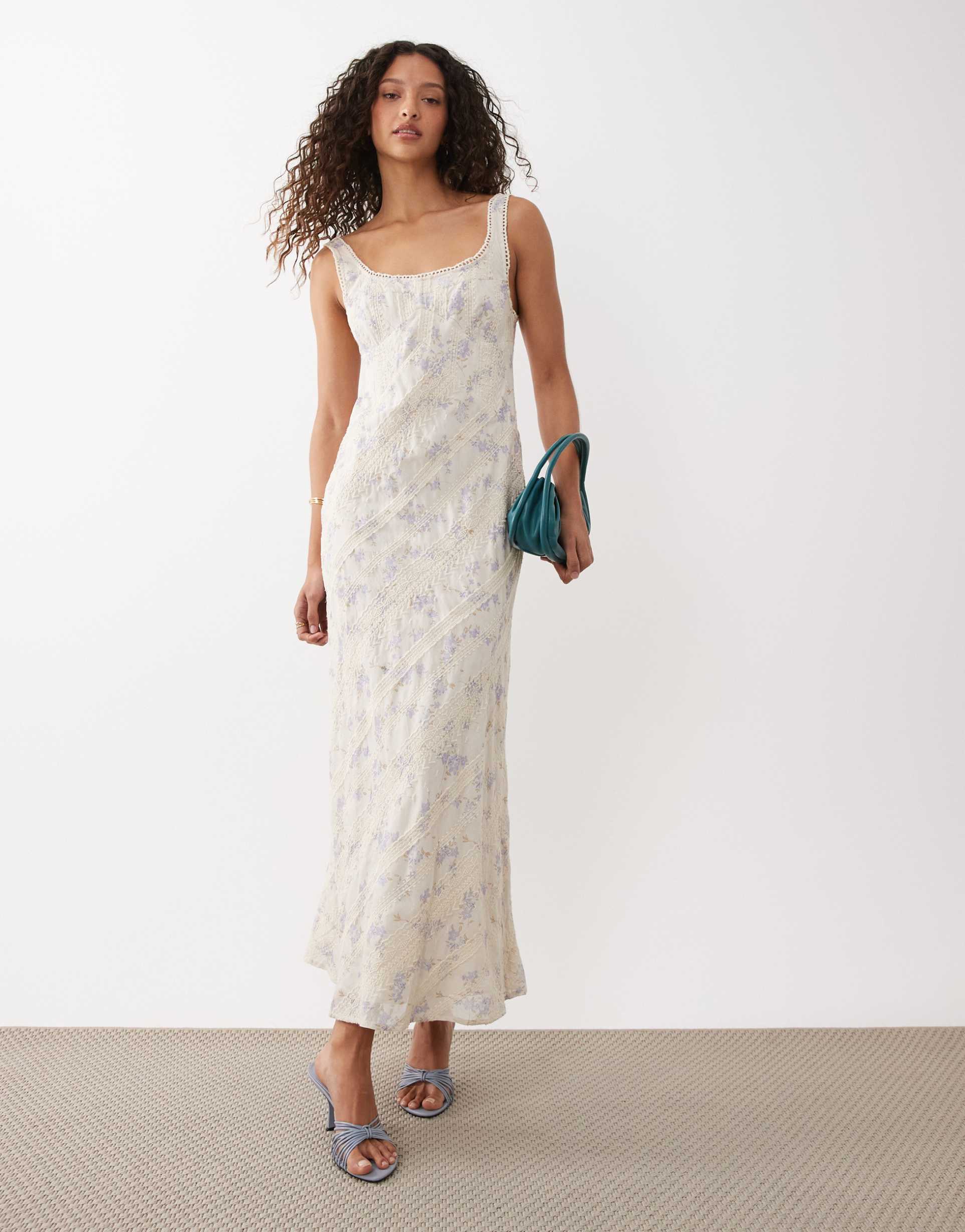 asos design embroidered midi slip dress in ecru with blue floral print