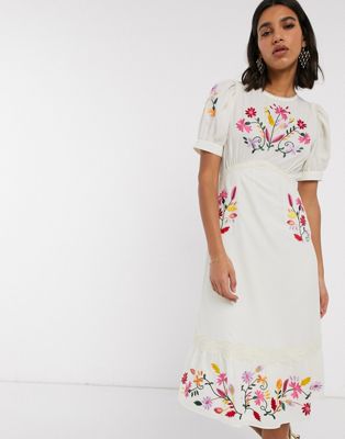ASOS DESIGN embroidered midi tea dress in cream