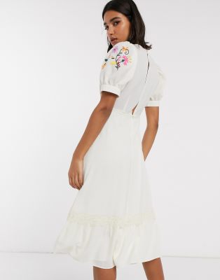 asos design embroidered midi button through tea dress