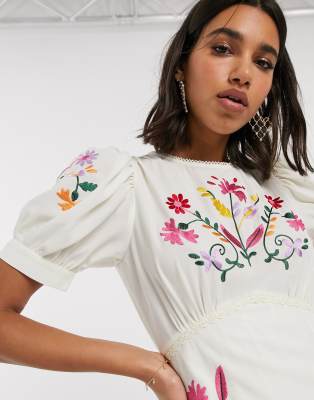 asos design embroidered midi button through tea dress