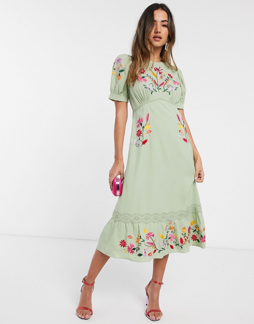 Asos Design Embroidered Midi Tea Dress In Sage Green