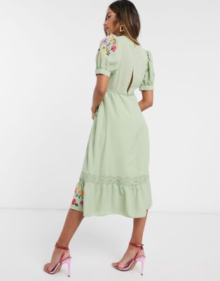 asos design embroidered midi button through tea dress