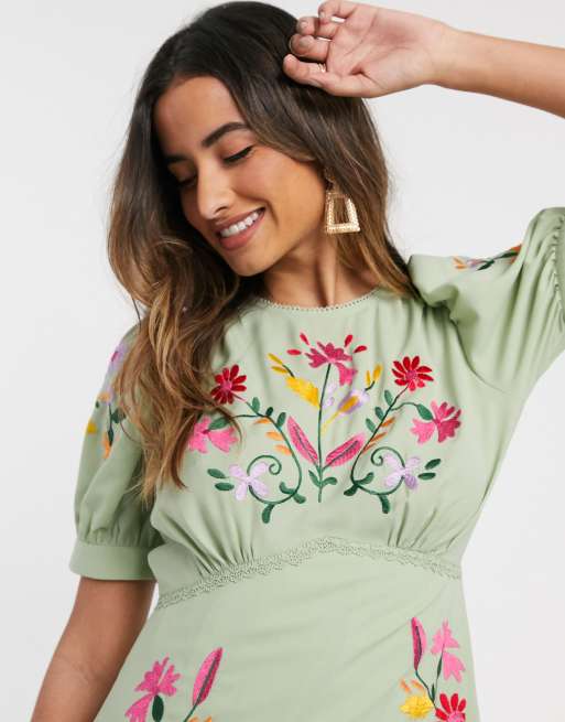 Asos green embroidered sales dress