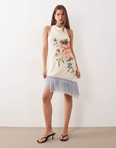 ASOS DESIGN embroidered mini dress with fringe hem in pale pink - view 1